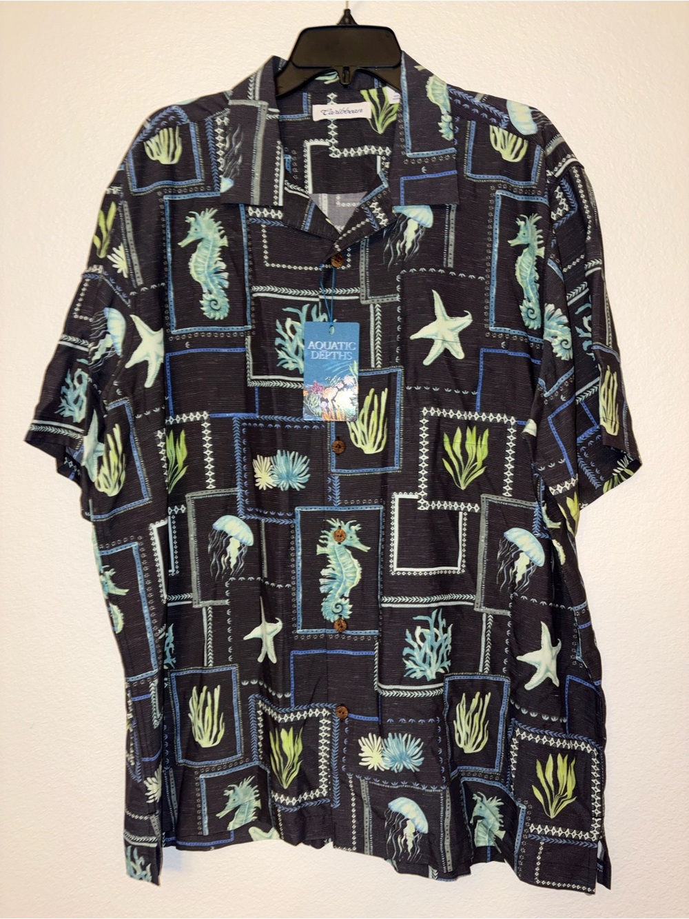 NWT Mens Caribbean Roundtree Yorke Hawaiian Shirt Aquatic Depths Seahorse 2XL